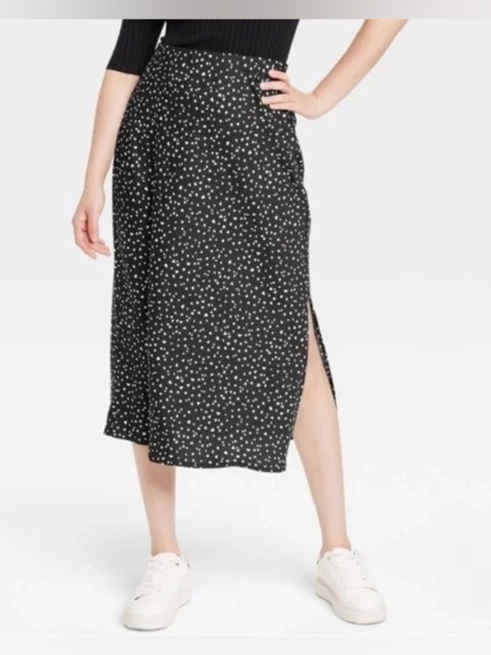 Black Heart Print Midi Skirt with Side Slit